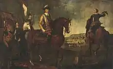 Tableau représentant plusieurs hommes à cheval, avec des soldats et une ville à l'arrière-plan