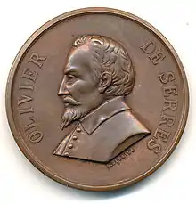 Médaille portant le portrait d'Olivier de Serres par Alphonse Desaide. Avers.