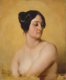 Portrait peint : buste d'une femme nue sur fond jaune uniforme, tournée vers sa droite et regardant vers sa gauche, dont un sein est caché par son bras replié, et l'autre apparent, cheveux bruns longs mais remontés en chignon négligé ; signature en noir en bas à gauche : Rome 1830 H Vernet