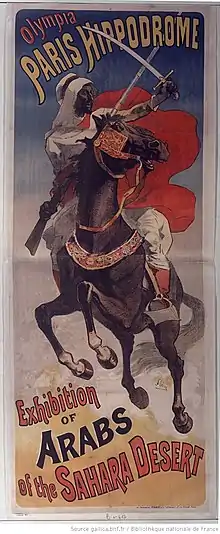 Affiche dessinée représentant un guerrier armé d'un sabre et monté à cheval.