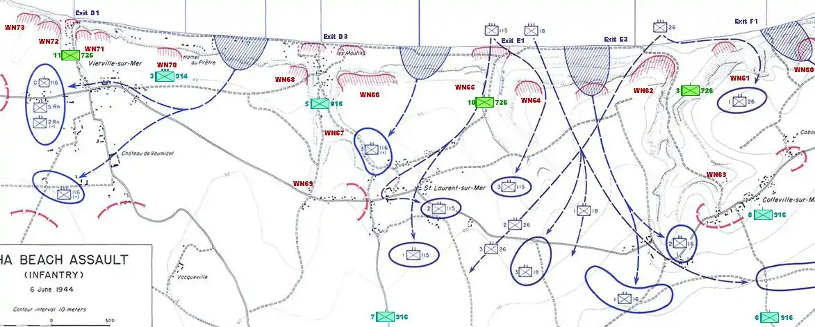 vignetteCarte de position des compagnies des 716e DI (vert) et 352e DI (bleu) à Omaha Beach le 6 juin 194.