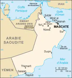 Carte d'Oman ; la frontière entre Oman et le Yémen est visible dans le quart sud-ouest de la carte.