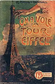 Illustration en couleur représentant un bras immense qui jaillit d'un nuage pour s'emparer de la tour Eiffel.