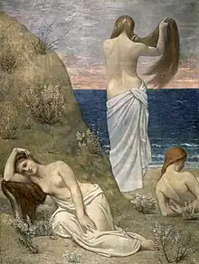 Tableau représentant trois jeunes femmes au bord de la mer, vêtues de pagnes blancs. La première se coiffe, debout. Les deux autres sont allongées, l'une semble pensive.