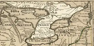 Gravure représentant une carte de l’Ontario en Nouvelle-France par Guillaume Delisle en 1718.