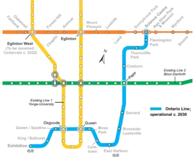 La ligne Ontario telle qu'elle apparaîtra sur le plan du réseau après son ouverture, avec la ligne 5 Eglinton (en haut) en cours de construction