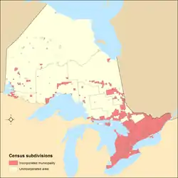 Distribution des municipalités incorporées de l’Ontario et des aires non incorporées