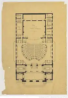 Plan en coupe de la troisième Salle Favart, Louis Bernier, 1893, crayon, plume, encre noire.