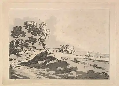 Open Landscape with Three Horsemen in the Middle Distance Heading to the Right, Windblown Trees at Left aquatinte et manière de crayon (1784-1788, MET Museum).