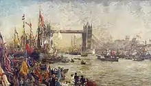 Tableau montrant une foule au bord d'une rivière, de nombreux drapeaux flottent dans l'air, à l'arrière-plan un pont