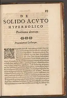 page d'un ouvrage imprimé du 17e siècle, montrant un titre de chapitre : De solido acuto hyperbolico.