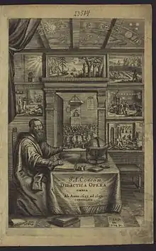 Ce frontispice représente Comenius rédigeant un manuscrit. Sur la table de travail se trouvent une mappemonde, un encrier et deux livres fermés. Comenius assis sous un plafond constellé montre un mur de vignettes. Cette image est commentée dans le Typographeum vivum.