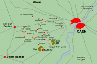 Carte présentant les environs de Caen où va avoir lieu l'opération Epsom