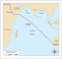 Carte de l'océan Indien avec l'itinéraire suivi par les navires impliqués dans l'opération Pamphlet.