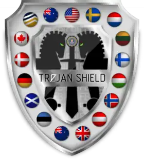 Le sceau de l'opération Trojan Shield du FBI (en haut), le logo de l'opération Ironside de l'AFP (au centre) et le logo de l'application ANOM (en bas)