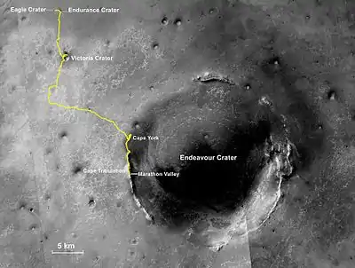 Trajet parcouru par Opportunity de janvier 2004 à mars 2015