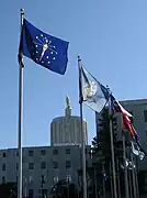 Drapeaux dans le jardin entourant le capitole.