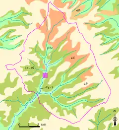 Carte en couleurs montrant le zonage géologique d'un territoire.