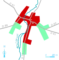 Carte en couleur représentant les étapes de développent du bâti d'un bourg.