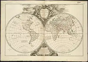 Mappemonde de Gilles Robert de Vaugondy (1752) indiquant les îles Hespérides situées aux Antilles.