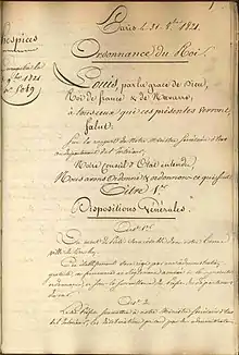 Première page de l'ordonnance du roi Louis XVIII