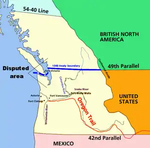 Le différend américano-britannique sur la région de l'Oregon. Le tracé de la piste de l'Oregon est inscrite en rouge, celui de la frontière en bleu