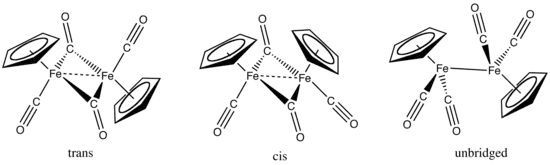 Structures des isomères du dimère de (cyclopentadiényl)fer dicarbonyle soulignant l'axe Fe–Fe possiblement matérialisé par une liaison.