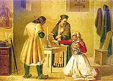 tableau naïf : un homme à genoux en veste rouge tend la main vers une table encadrée par un pope et un autre homme