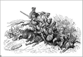 Un chevalier, sur sa monture, transperce une foule d'ennemis avec sa lance.
