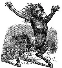 Gravure représentant une créature à tête de cheval, à buste d’homme et à jambes et queue de cheval.