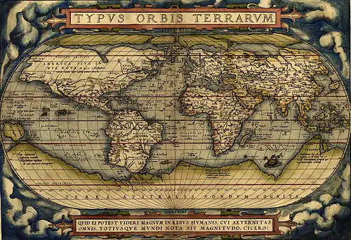 Abraham Ortelius montre sur cette carte le lien entre la Terre Australe et l'Amérique du Sud, ainsi que des terres autour du pôle Nord, 1570.