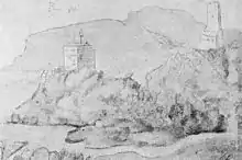 reproduction en noir et blanc d’un dessin montrant une tour sur une montagne