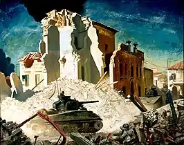Peinture montrant des chars d'assaut passant devant des bâtiments détruits