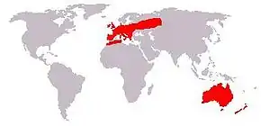 Description de l'image Oryctolagus cuniculus geographical distribution.jpeg.