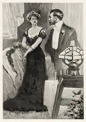 Mrs. Cheveley et Lord Goring dans la scène du bracelet de l'acte III de la pièce Un mari idéalIllustration pour une édition new-yorkaise de 1901