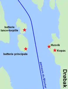 Bataille du détroit de Drøbak: Position de trois batteries d'artillerie côtière et une batterie lance-torpille aérienne lors du passage du Blücher (1937)