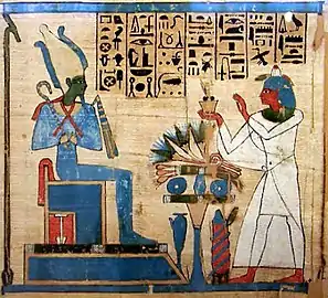 Osiris assis sur son trône. Livre des morts de Padiamonet, XXIIe dynastie.
