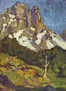 Peinture en couleurs d'une montagne.