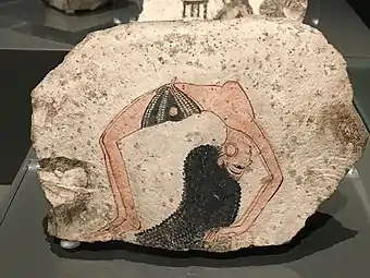 Jeune acrobate faisant une pirouette. Ostracon. Nouvel Empire, XIXe ou XXe dyn. Musée Egizio, Turin