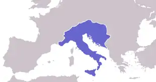 Carte de l'Europe occidentale faisant figurer les frontières du royaume ostrogoth.