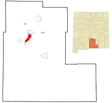 Schéma indiquant en rouge la localisation d'Alamogordo dans le comté d'Otero au Nouveau-Mexique.