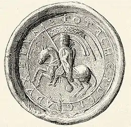 Dessin du moulage d'un sceau représentant un chevalier à cheval, avec un gonfanon et un écu armorié