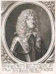gravure noir et blanc : portrait d'homme avec une perruque très longue