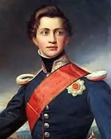 Tableau représentant un beau jeune homme château, portant une écharpe rouge sur son uniforme bleu.
