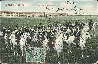 Cavalerie ottomane au camp de Stavroúpoli, aujourd'hui Pavlos Melas (Grèce), carte postale de 1908.