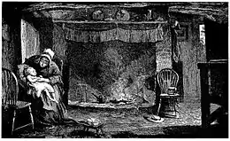 Humble intérieur paysan : plafond bas, cheminée avec un maigre feu, objets utilitaires sur le manteau et au sol, mais deux jolies chaises (une à droite, une à gauche). Au premier plan, à gauche, une vieille femme assise, penchée vers un enfant malingre gisant sur ses genoux