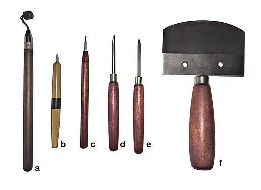 7. Outils de gravure : a. roulette ; b. agate ; c. brunissoir boule ; d. brunissoir ; e. grattoir ; f. berceau.