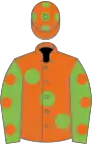 Orange, light green large spots, light green sleeves, orange spots, orange cap, light green spots