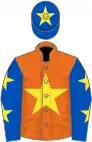 Orange, yellow star, royal blue sleeves, yellow stars, royal blue cap, yellow star