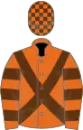 Orange, brown cross-belts, hooped sleeves, checked cap